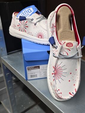 Hey Dude Womens Wendy Fireworks Canvas Sneakers - White, Red, Blue